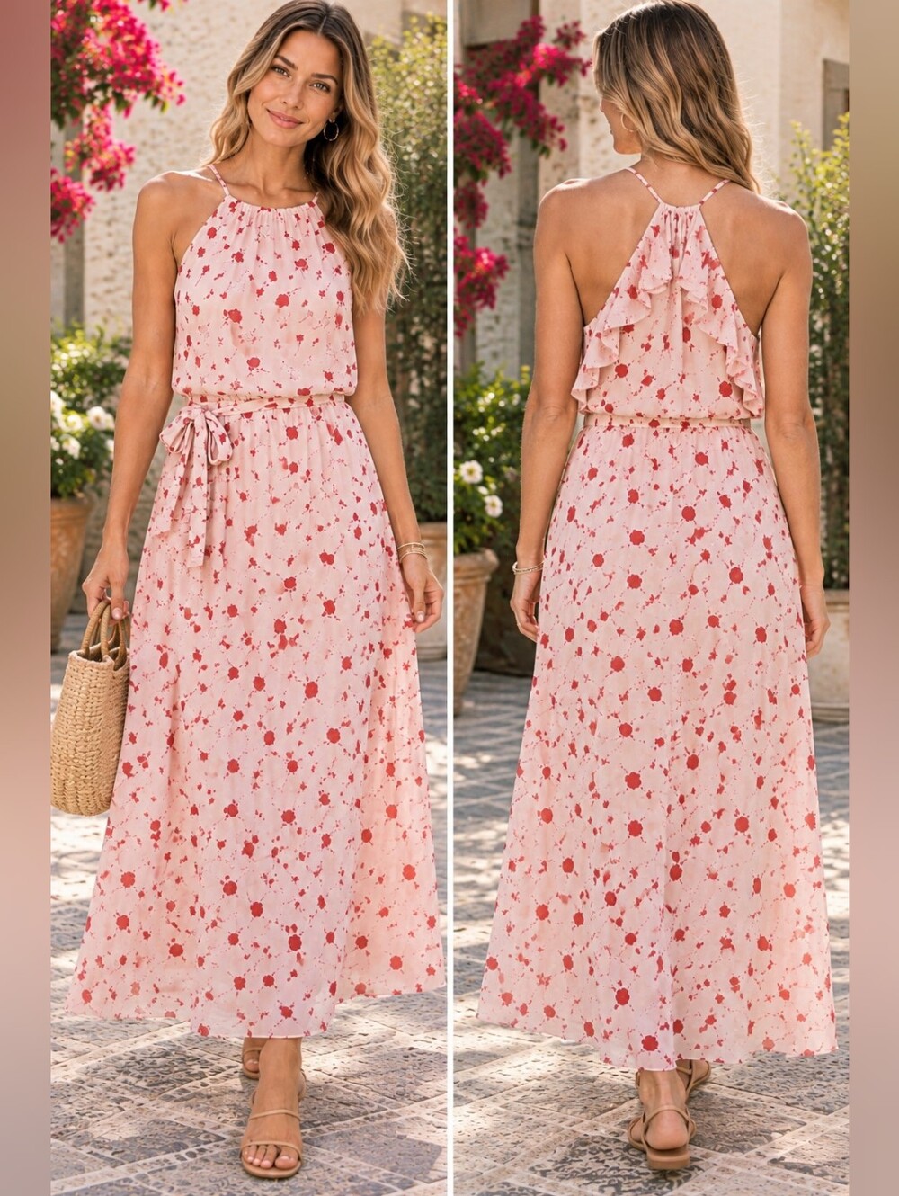 Lush Nordstrom Romantic Flowy Flirty Blush Pink w/ Red Floral Maxi Dress M